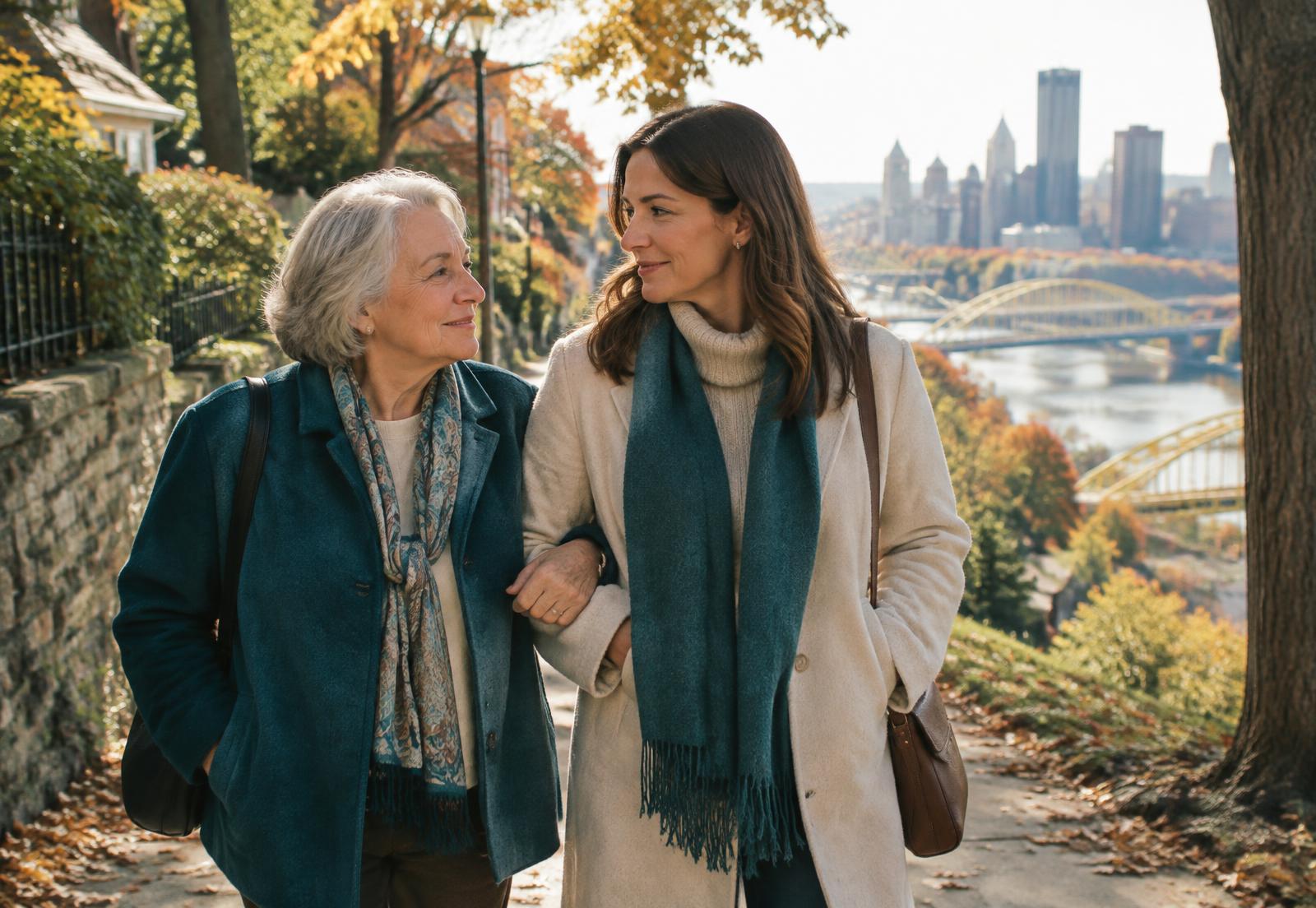 An older woman and her daughter walking along a Pittsburgh overlook in autumn